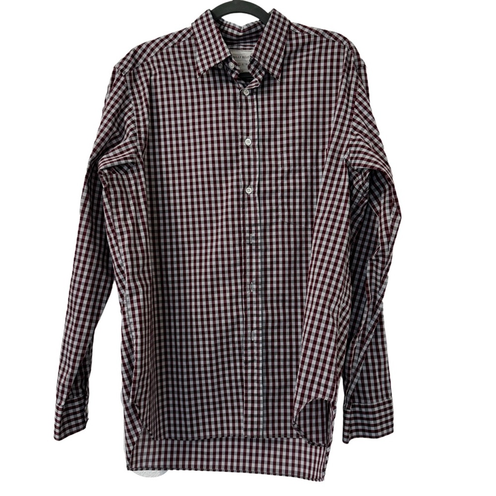 Billy Reid Mens Gingham Plaid Shirt Large Burgundy Gray Cotton Casual Full Cut
